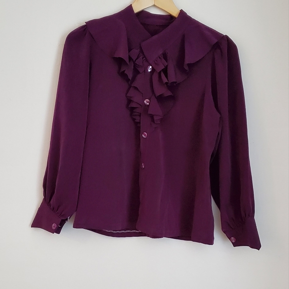 Plum Ruffle Vintage 80s Long Sleeve Button Up Blouse - Picture 2 of 13
